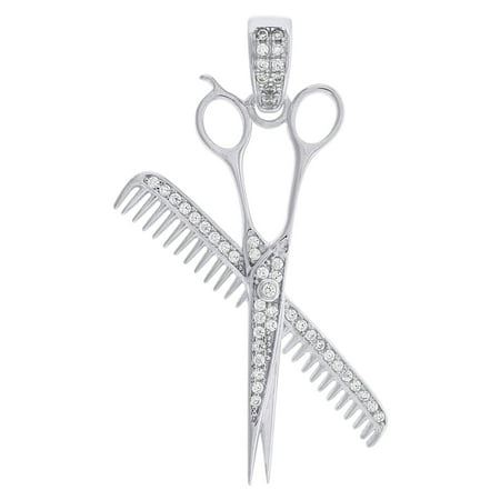925 Sterling Silver Mens Round CZ Comb and Scissors Fashion Pendant Charm