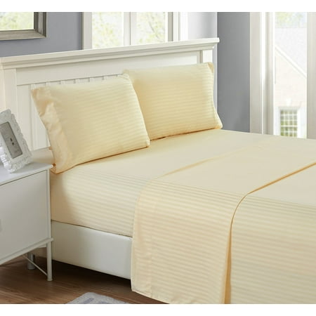 Lux Decor Collection Stripes Bed Sheet Set (King, Vanilla), 4 Piece Deep Pocket 1800 Series Microfiber Bed Sheet Set Contains (1 Fitted Bed Sheet, 1 Flat Sheet, 2 Pillow Covers)