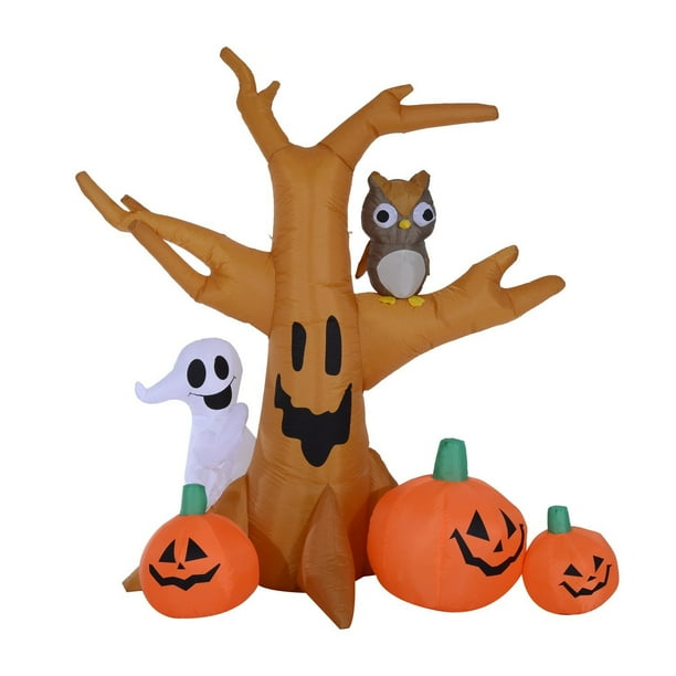 HomCom 7.5' Tall Outdoor Lighted Inflatable Halloween Decoration - Haunted Tree With Owl / Ghost / Pumpkins