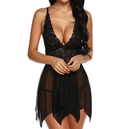 Babibeauty Women Sexy Lace Babydoll Deep V Lingerie Nightie Dress Nightwear Underwear