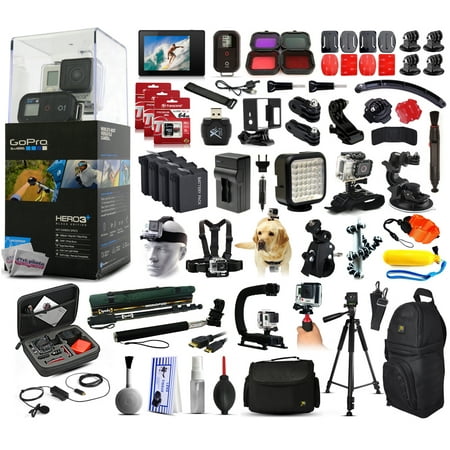 GoPro HERO3+ Hero 3+ Plus Black CHDHX-302 with 192GB Memory + LCD Display + Filters + 4 Batteries + Skeleton Housing + Microphone + X-Grip + LED Light + Car Mount + Travel Case + Selfie Stick + More