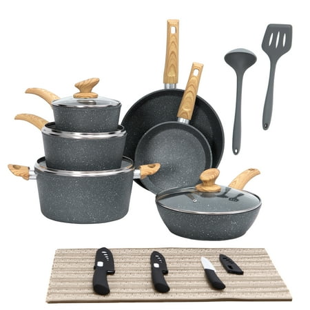MF Studio 21 Pieces Cookware Set Granite Nonstick Pots and Pans Blue Gray