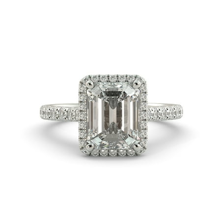 3.70 dwt Emerald Brilliant Moissanite Round Diamond Halo Engaement Ring 18k W Gold