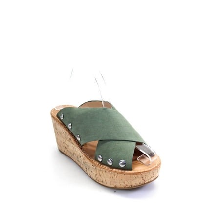 Chinese Laundry Womens Green Micro Suede Criss Cross Wedge Sandals Shoes Size 8