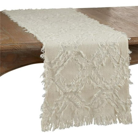 Saro Lifestyle 1877.I1690B 90 in. Fringe Waffle Weave Table Runner Ivory