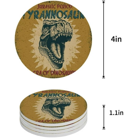

KXMDXA Dinosaur Set of 4 Round Coaster for Drinks Absorbent Ceramic Stone Coasters Cup Mat with Cork Base for Home Kitchen Room Coffee Table Bar Decor