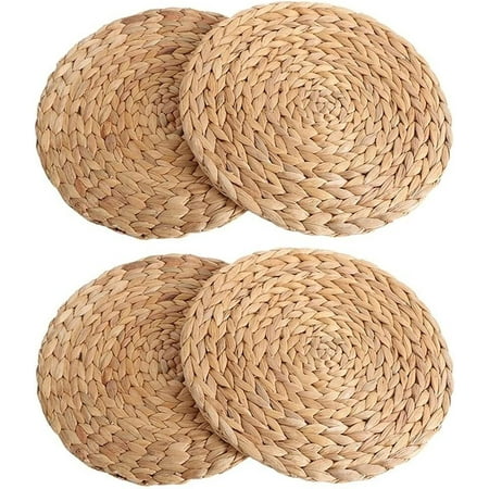 4 Pack Round Woven Placemats for Dining Table Water Hyacinth Straw Braided Placemat Heat Resistant Non-Slip Weave Placemats Handmade (Water Hyacinth - 4 Pack Round 4.3 )