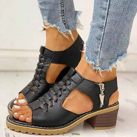 

Women s Comfy Orthotic Sandals Shoes for Women Peep Toe Cutout Zipper Chunky Heeled Sandals (Black 7.5)