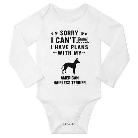 Sorry I Can t I Have Plans With My American Hairless Terrier Baby Long Sleeve Romper (White 12-18 Months)
Sorry I Can t I Have Plans With My American Hairless Terrier Baby Long Sleeve Romper (White 12-18 Months)