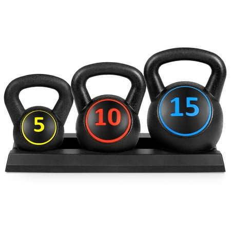 Best Choice Products 3-Piece HDPE Kettlebell Exercise Fitness Weight Set for Full Body Workout w/ 5lb, 10lb, 15lb Weights, Wide Grips, Base Rack - Black