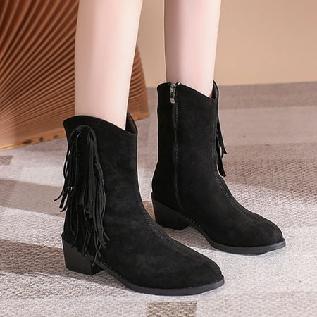 

Women s Fringe Western Boots Wide Calf Riding Cowgirl Cowboy Bootie Casual Chunky Mid Heel Pull-on Knee High Boots