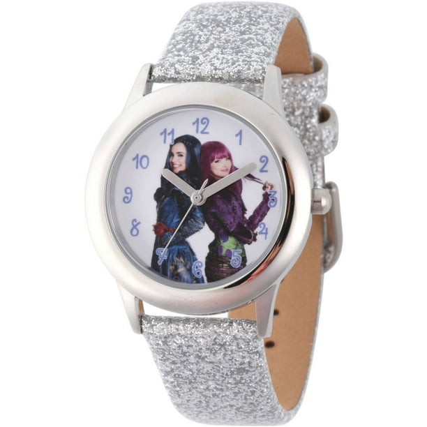 Descendants 2 Evie and Mal Tween Girls' Stainless Steel Watch, Silver Glitter Leather Strap