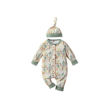 Binpure Baby’s Print Button down Long Sleeve Jumpsuit with Headband/Hat