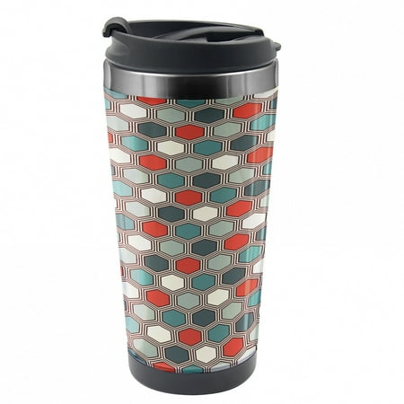 Geometric Travel Mug Abstract Mosaic Tiles Steel Thermal Cup 16 oz by Ambesonne