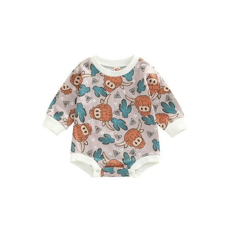 

Binpure Infant Baby Spring Romper Cartoon Cow Head Cactus/Floral Print Long Sleeves Round Neck Jumpsuit for Boys Girls