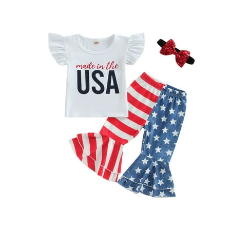 Arvbitana 4th of July Toddler Girls Outfits Letter Print Fly Sleeve T-Shirts Stripe Stars Print Flare Pants Headband 3Pcs Set Independence Day 
Arvbitana 4th of July Toddler Girls Outfits Letter Print Fly Sleeve T-Shirts Stripe Stars Print Flare Pants Headband 3Pcs Set Independence Day