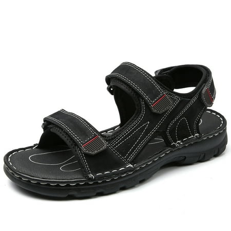 Lopise men s summer sandals leather casual beach sandals non slip folding resistance black sandals US size 8
