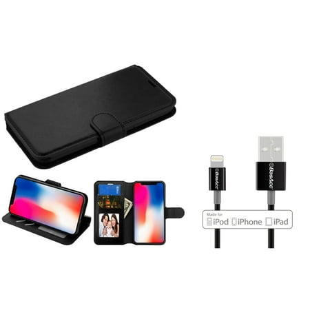 Insten Stand Folio Flip Leather Case Cover For Apple iPhone XR - Black (Bundle with BasAcc MFI Certified Lightning Cable)