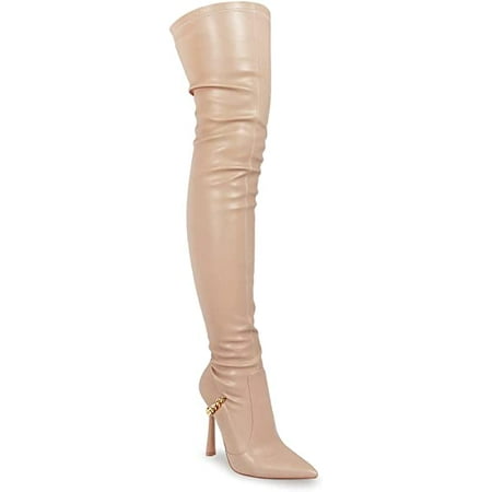 LILIANA POLYURETHANE VIKKI-1 THIGH-HIGH POINTY TOE BOOT WITH CHAIN DETAIL