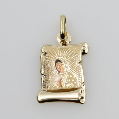 14K Real Yellow Gold Our Lady of Guadalupe Enamel Small Scroll Charm Pendant