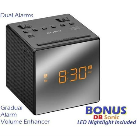 Sony Dual Alarm Clock with AM\/FM Radio, Sleep Timer, Extendable Snooze, Radio or Buzzer Alarm Sound, Brightness Control, Black + DB Sonic Nightlight