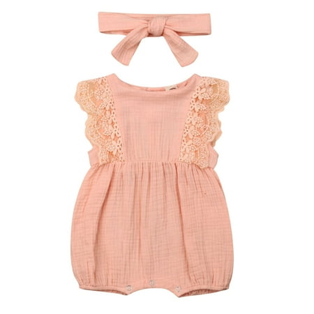 2PCs Infant Baby Girls Summer Sleeveless Jumpsuit Lace Romper Dress + Headband