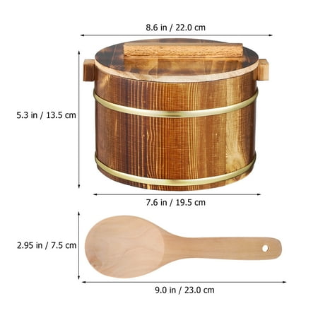 Wooden Rice Bucket Rice Steamed Cask with Stainless Steel Liner with Rice Spoon for Home Kitchen Restaurant