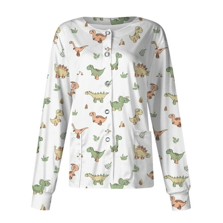 

Sksloeg Scrub Jacket Tops for Women Plus Size Workwear Crew Neck Long Sleeve Lion Dinosaur Print Nursing Uniform Pattern Scrubs Shirts with Pockets Mint Green M