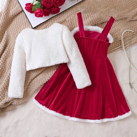 CRAMAX Christmas Ornaments- Christmas Costumes Padded Warm Jacket + Velvet Camisole Dress Dress Padded Winter Dress 3-8 Years Old