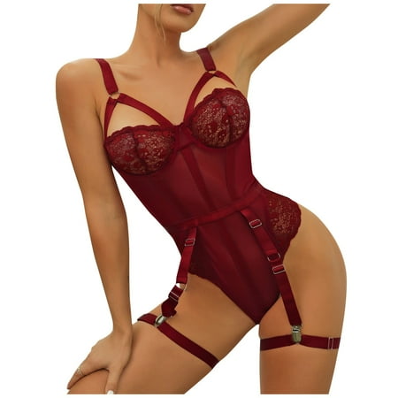 BIZIZA Women s Teddy with Garter Belt Lace Bodysuit One Piece Strappy Sexy Lingerie Babydoll Deep Red XL