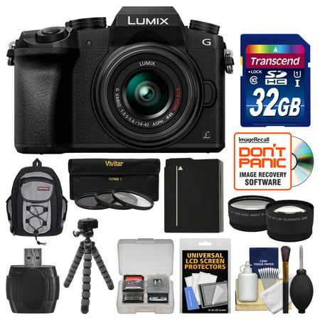 Panasonic Lumix DMC-G7 4K Wi-Fi Digital Camera + 14-42mm Lens (Black) with 32GB Card + Backpack + Battery + Flex Tripod + Filters + Tele/Wide Lens (Best Panasonic 4k Camera)