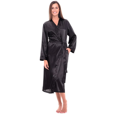 Alexander Del Rossa Womens Long Satin Robe Black Medium