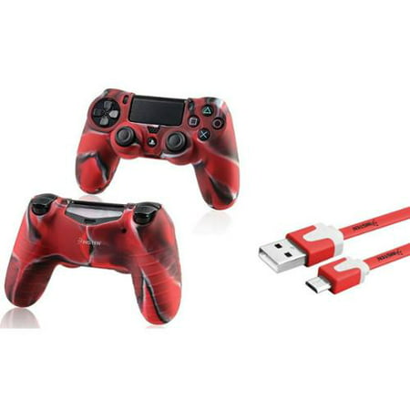 Insten Red 3FT Micro USB Charging Cable+Camouflage Navy Red Skin Case Cover for Sony PS4 Playstation 4