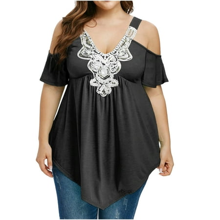 

Hfyihgf Women s Plus Size Tops Dressy Casual Tunics Blouses Short Sleeve Lace Trim V-Neck Summer Sexy Cold Shoulder Flowy Shirts(Black 5XL)