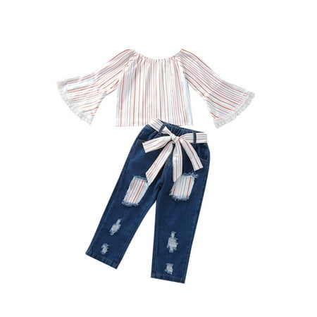 Gureui 2pcs Fashion Kids Baby Girl Fall Clothing Set Lace Striped Print Off Shoudler Flare Long Sleeve Top+Patch Denim Pants
Gureui 2pcs Fashion Kids Baby Girl Fall Clothing Set Lace Striped Print Off Shoudler Flare Long Sleeve Top+Patch Denim Pants