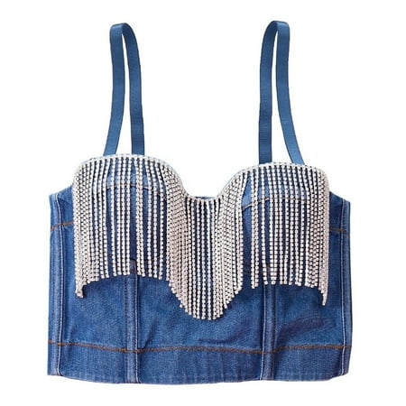 Luckinbaby Women’s Denim Camisole Diamond Tassel Exposed Navel Suspender Tops