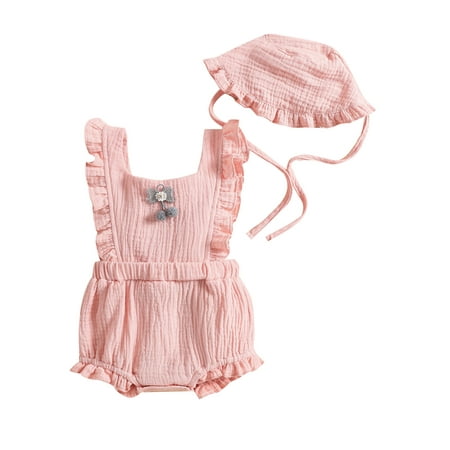 Frobukio 2Pcs Toddler Infant Baby Girls Summer Outfit Sets Solid Color Ruffle Sleeve Bobbles Romper + Ruffle Hat Pink 18-24 Months
