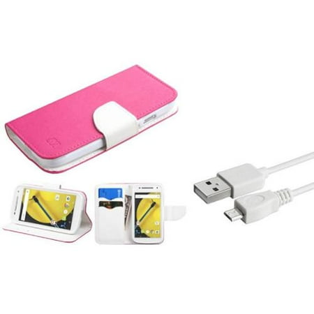 Insten Flip Leather Wallet Fabric Cover Stand Case with Card slot For Motorola Moto E (2nd Gen) - Hot Pink/White (+ USB Cable) (2-in-1 Accessory Bundle)