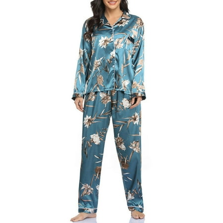 Women Pajamas Set Long Sleeve Soft Satin Notched Collar Button Down Pjs Sleepwear