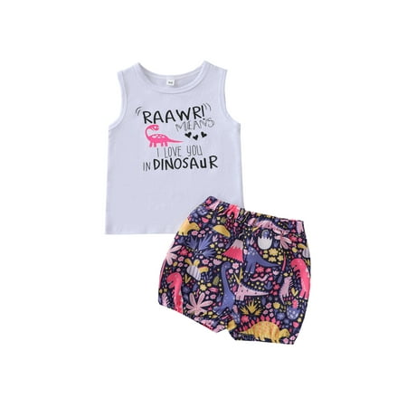 Canrulo Toddler Infant Baby Girls Summer Clothes Dinosaur Sleeveless Tank Tops Vest Floral Shorts Pants Outfits Purple 3-4 Years