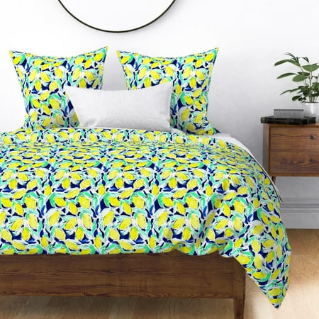 Yellow Blue Aqua Lemons Fruit Watercolor Painted Sateen Duvet Cover by Roostery
