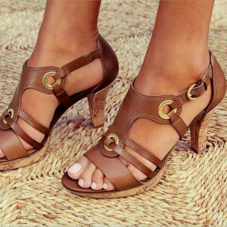 VKEKIEO Open Toe Heels High Heel Thick Brown