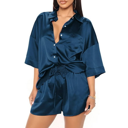 WHLBF Womens Plus Size short-sleeved V-neck solid color pajamas set home clothes pajamas set Dark Blue 8(L)
WHLBF Womens Plus Size short-sleeved V-neck solid color pajamas set home clothes pajamas set Dark Blue 8(L)