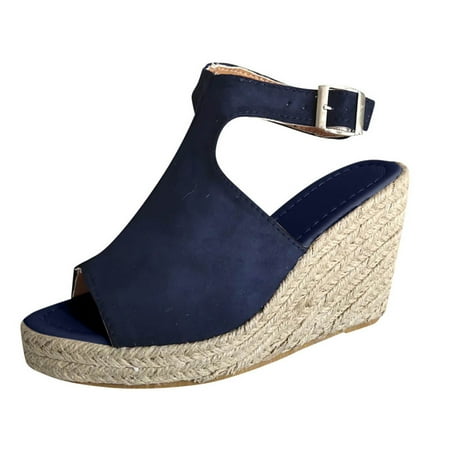 

iOPQO Women s sandals Women s Ladies Fashion Solid Wedges Casual Buckle Strap Roman Shoes Sandals W3002 Straw Wedge Ladies Solid Dark blue 40