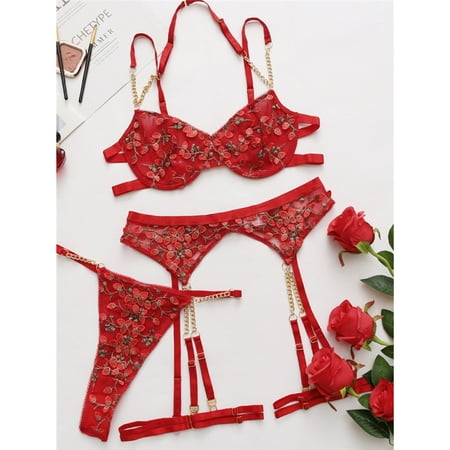Floral Embroidered Chained Lace Lingerie Set