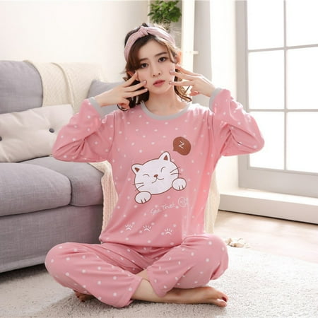 Women Pajamas Cute Print Bear Sleepwear Long Sleeve Loungewear