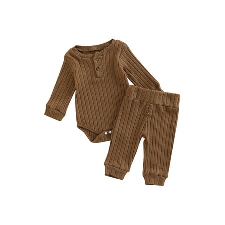 2pcs Newborn Baby Girl Long Pants Set Ribbed Long Sleeve Romper Tops + Trousers