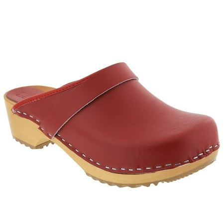 BJORK Maja Open Back Wood Leather Clogs (Red - EU36)