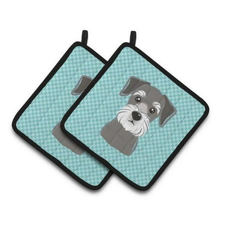 Checkerboard Blue Schnauzer Pair of Pot Holders - 7.5 x 3 x 7.5 in.