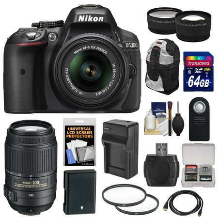 Nikon D5300 Digital SLR Camera & 18-55mm VR II Lens (Black) with 55-300mm VR Lens + 64GB Card + Battery & Charger + Backpack + Tele\/Wide Lens Kit Nikon D5300 Digital SLR Camera & 18-55mm VR II Lens (Black) with 55-300mm VR Lens + 64GB Card + Battery & Charger + Backpack + Tele\/Wide Lens Kit